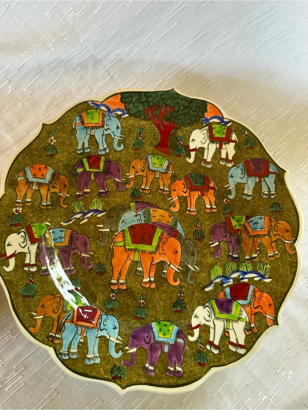 Turkish Hand Painted Ceramic Wall Plate Colorful Elephants 12in Artist Signed